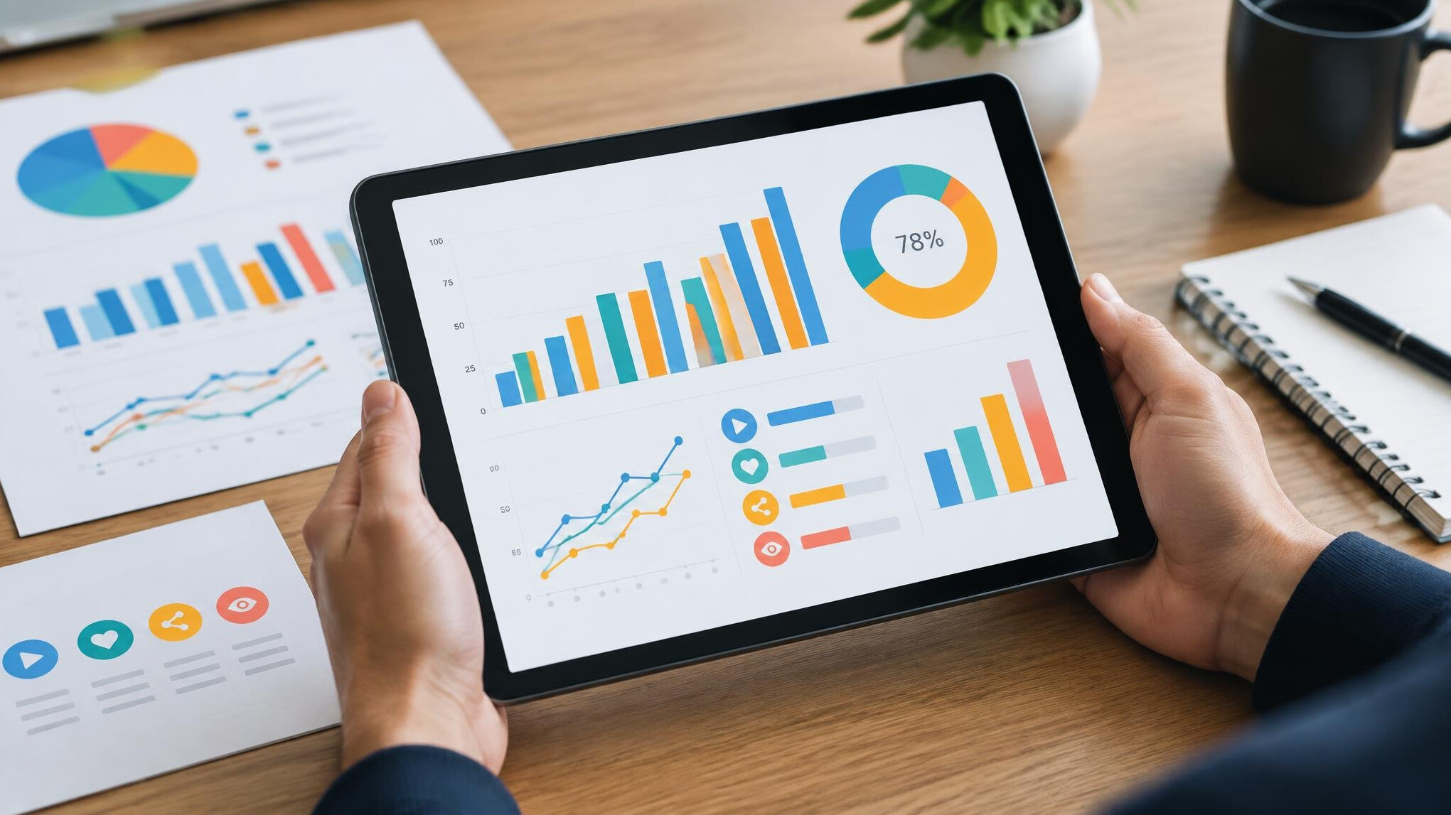 Close-up of hands analyzing colorful bar charts on a tablet