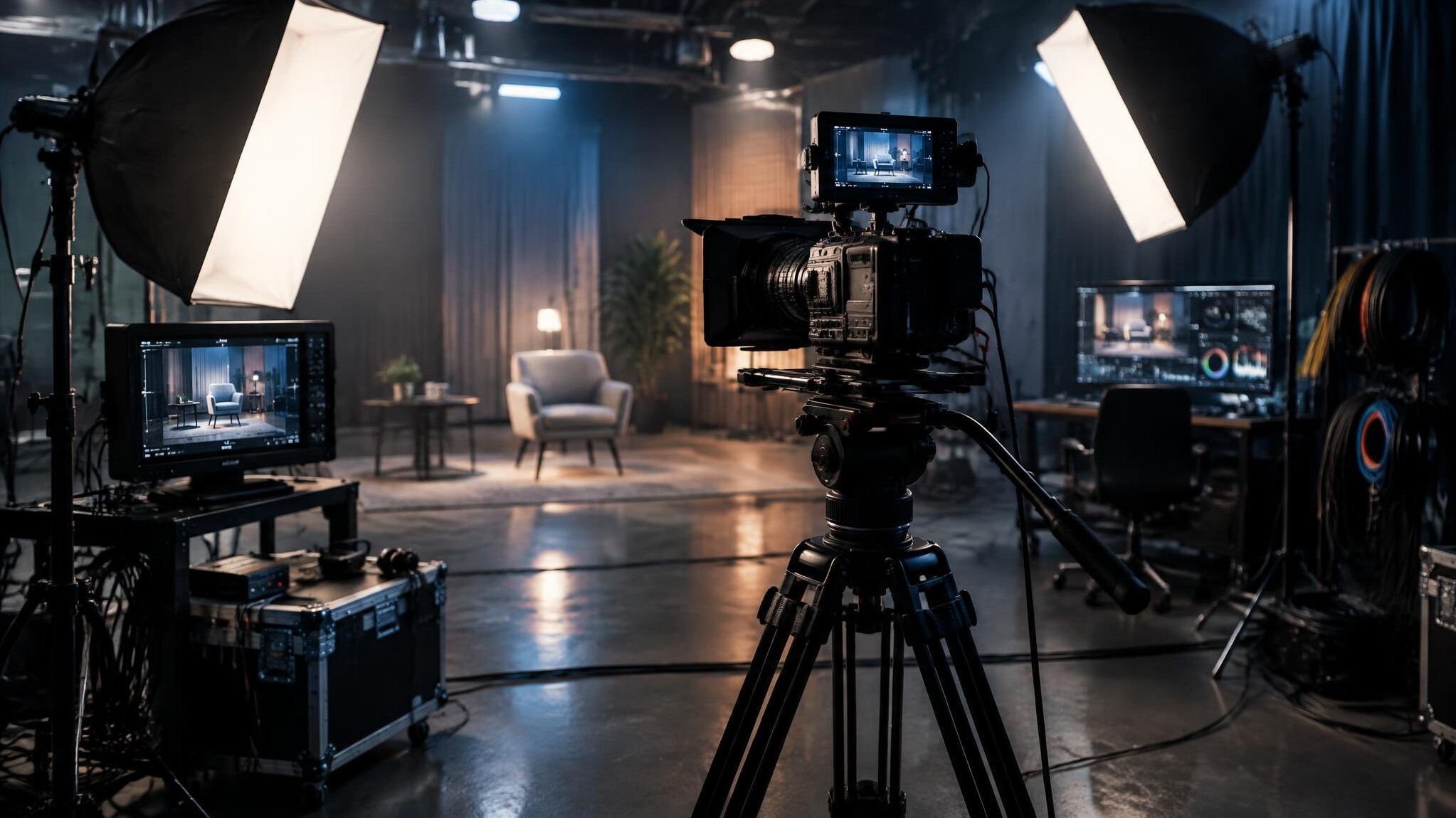 Camera and lighting equipment set up for a video production shoot