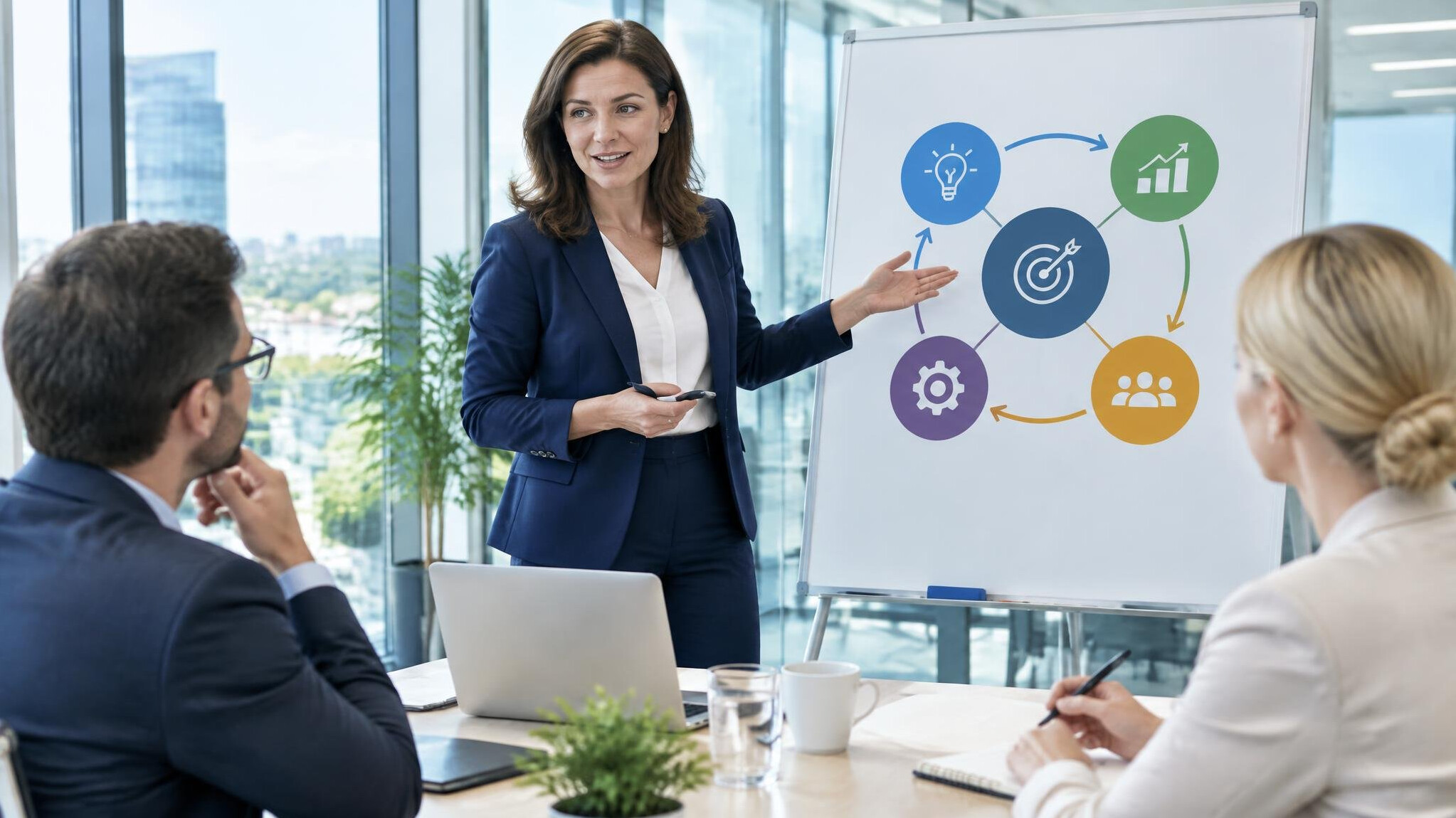 Consultant presenting a strategy chart to a client in a meeting room