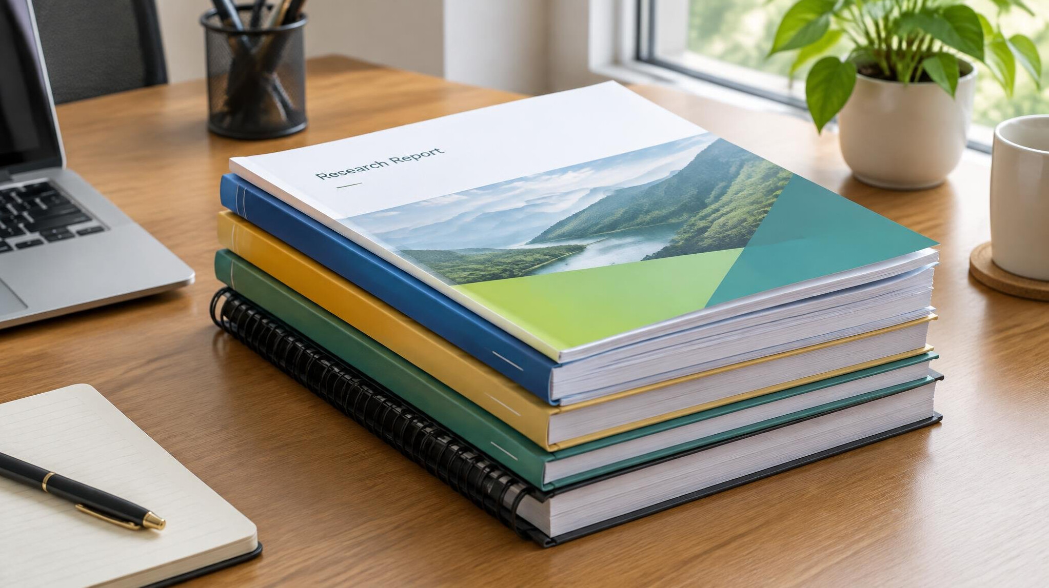 Stack of printed research reports and bound documents on a desk