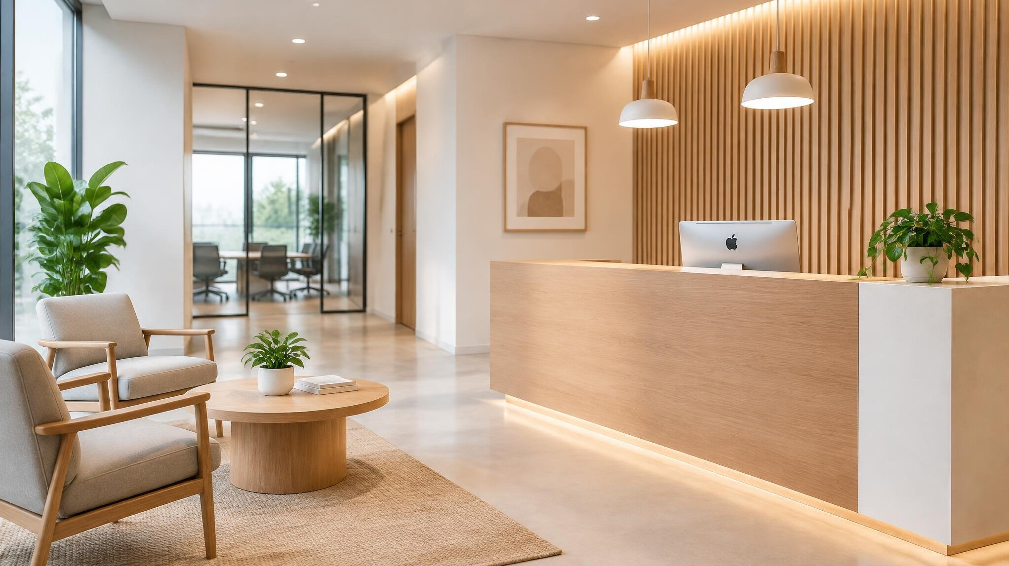 Modern office reception area with soft lighting