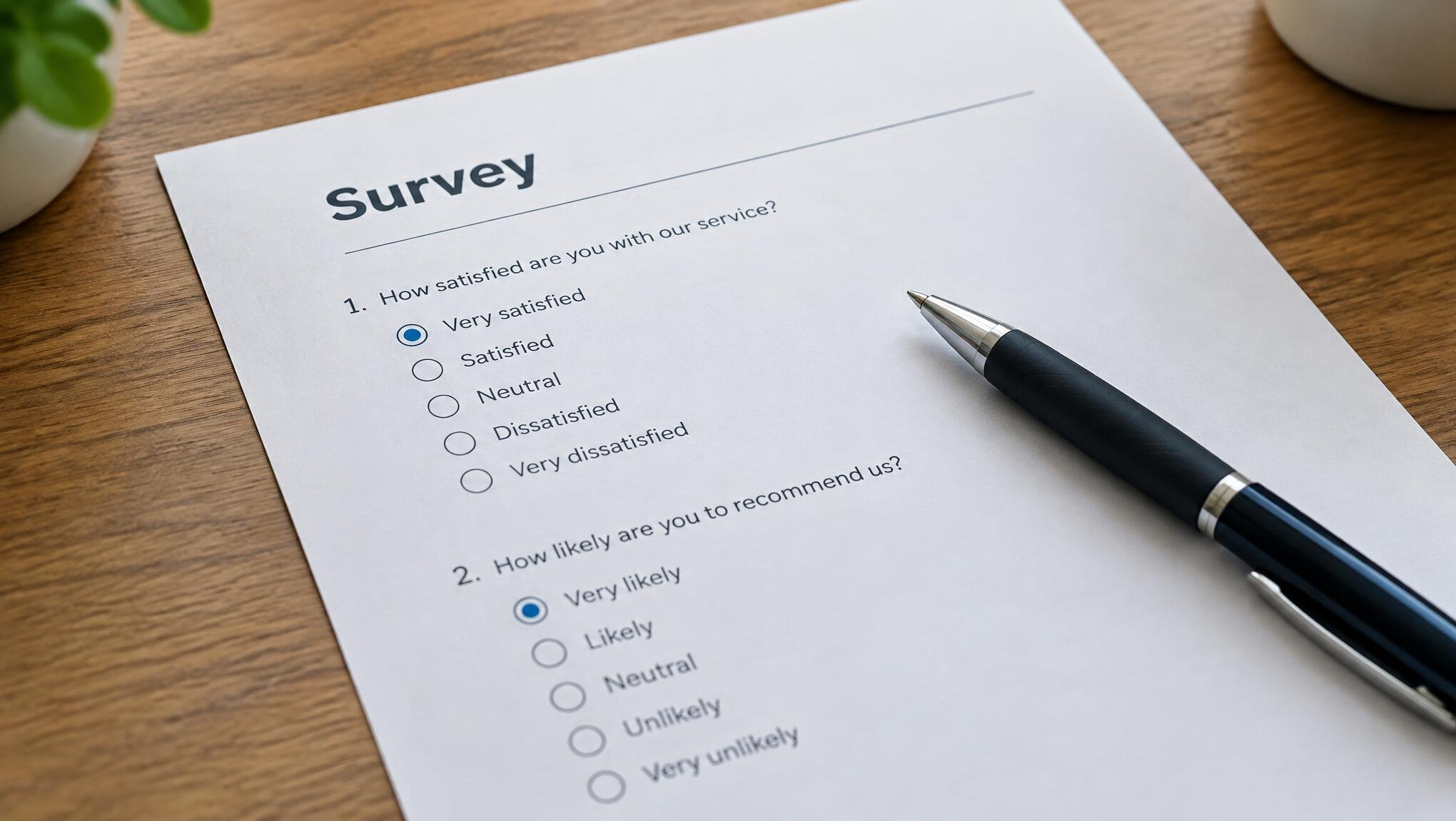 Printed survey questionnaire with a pen on a desk