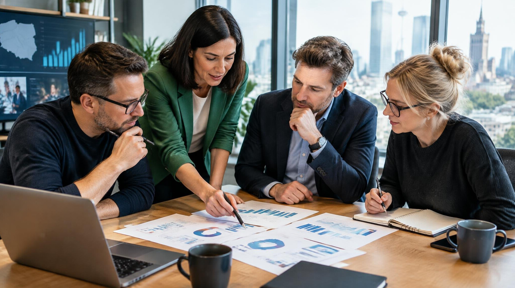 Group of analysts reviewing a report together around a table