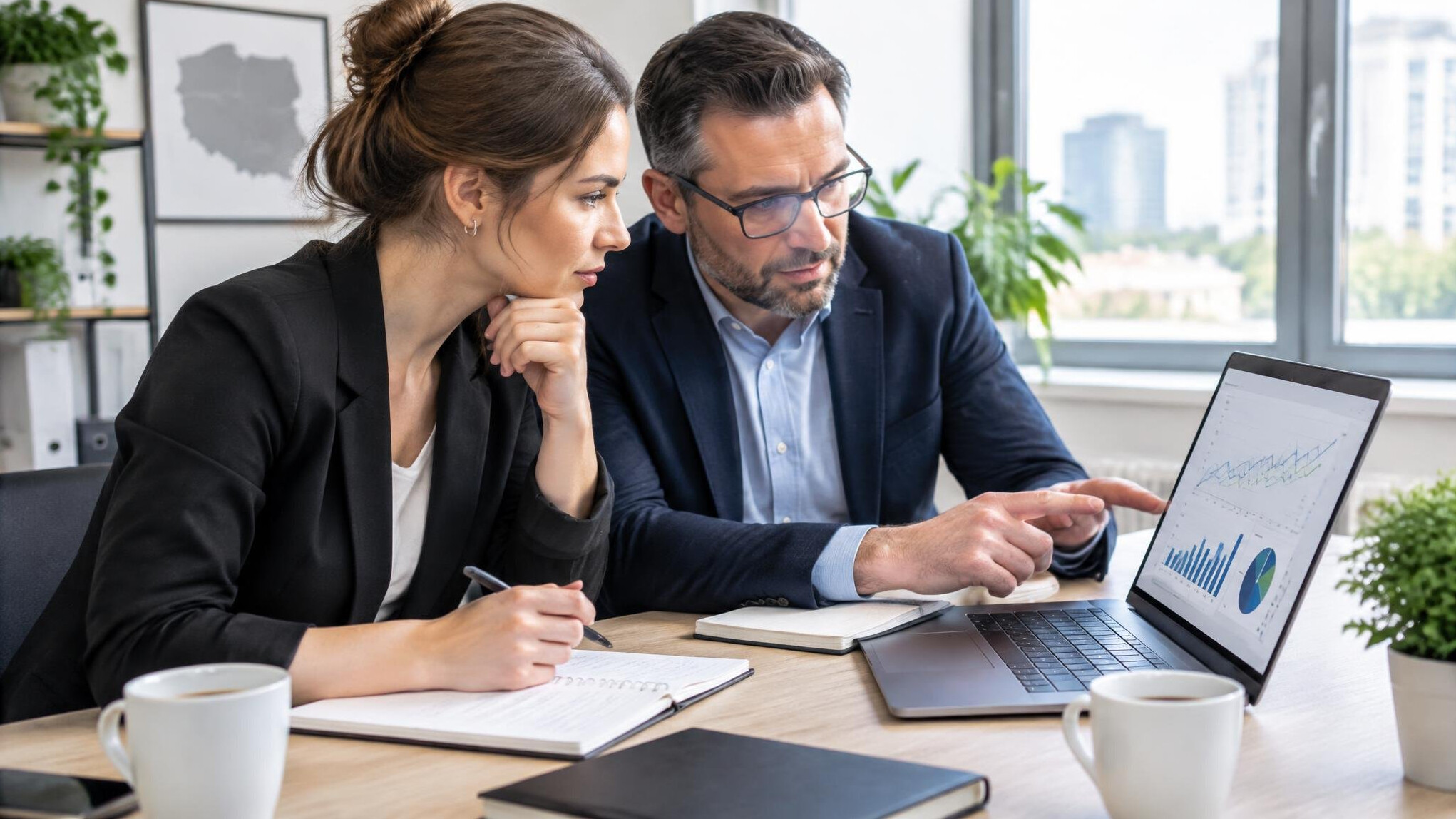Analysts reviewing a statistical chart on a laptop screen together